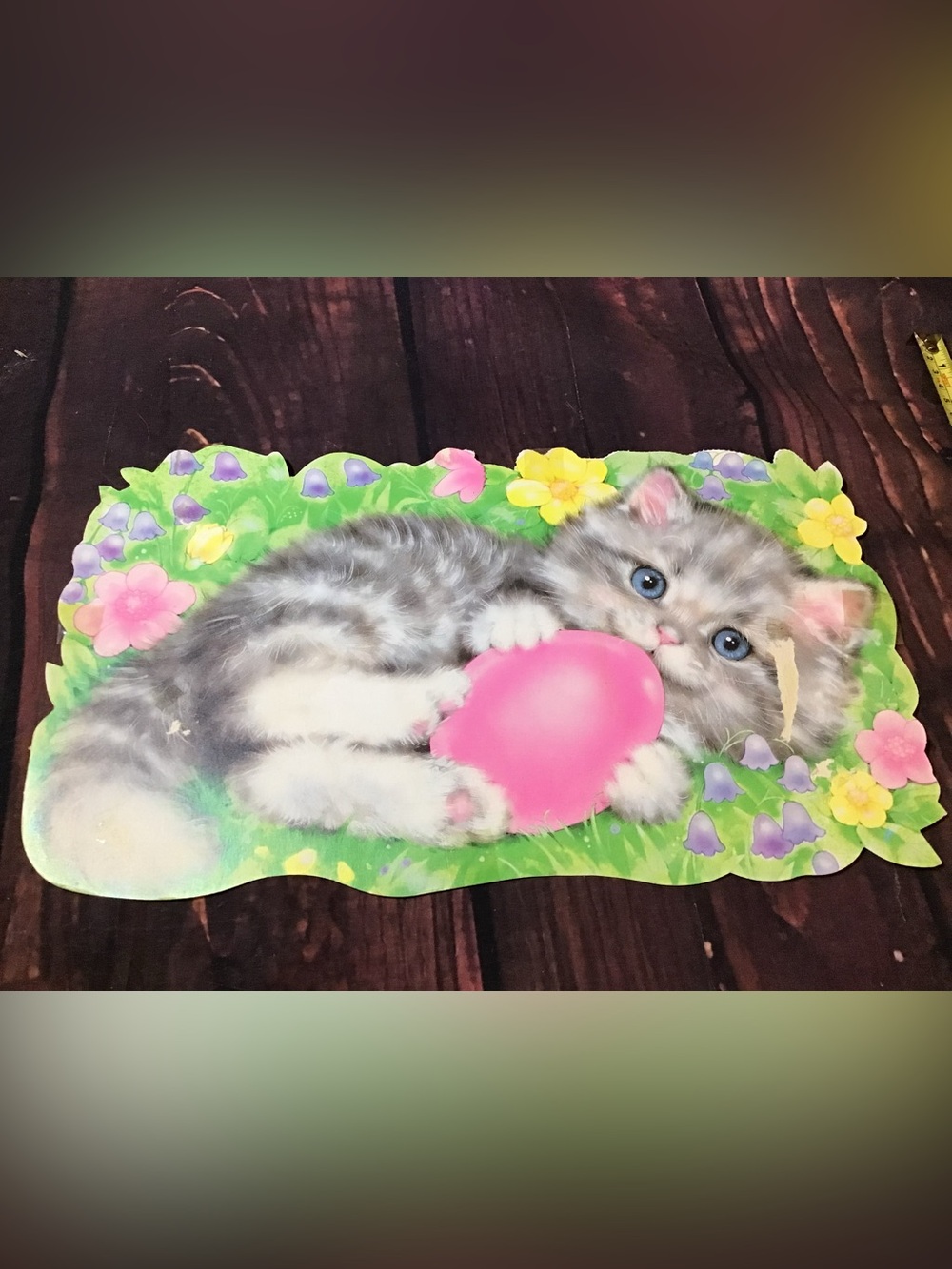Vintage Eureka cat holding Easter egg cutout wall decor